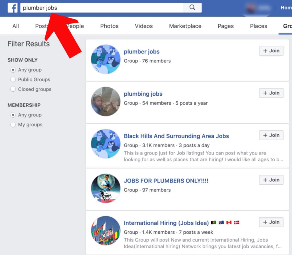 How to search facebook for blue collar jobs plumber